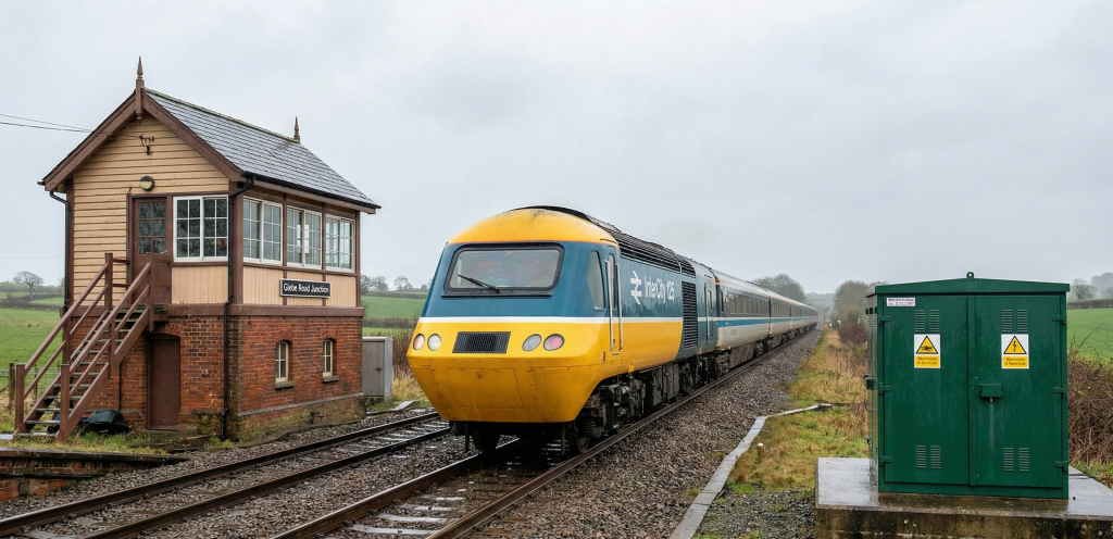 Fire Safety Stick for Rail Safety Fleet "British InterCity train passing a signal box and railside electrical hub, illustrating rail fleet safety protocols. The scene highlights the need for rail vehicle fire suppression and non-conductive fire suppression for trackside electrical equipment, utilising a clean agent for rolling stock protection."